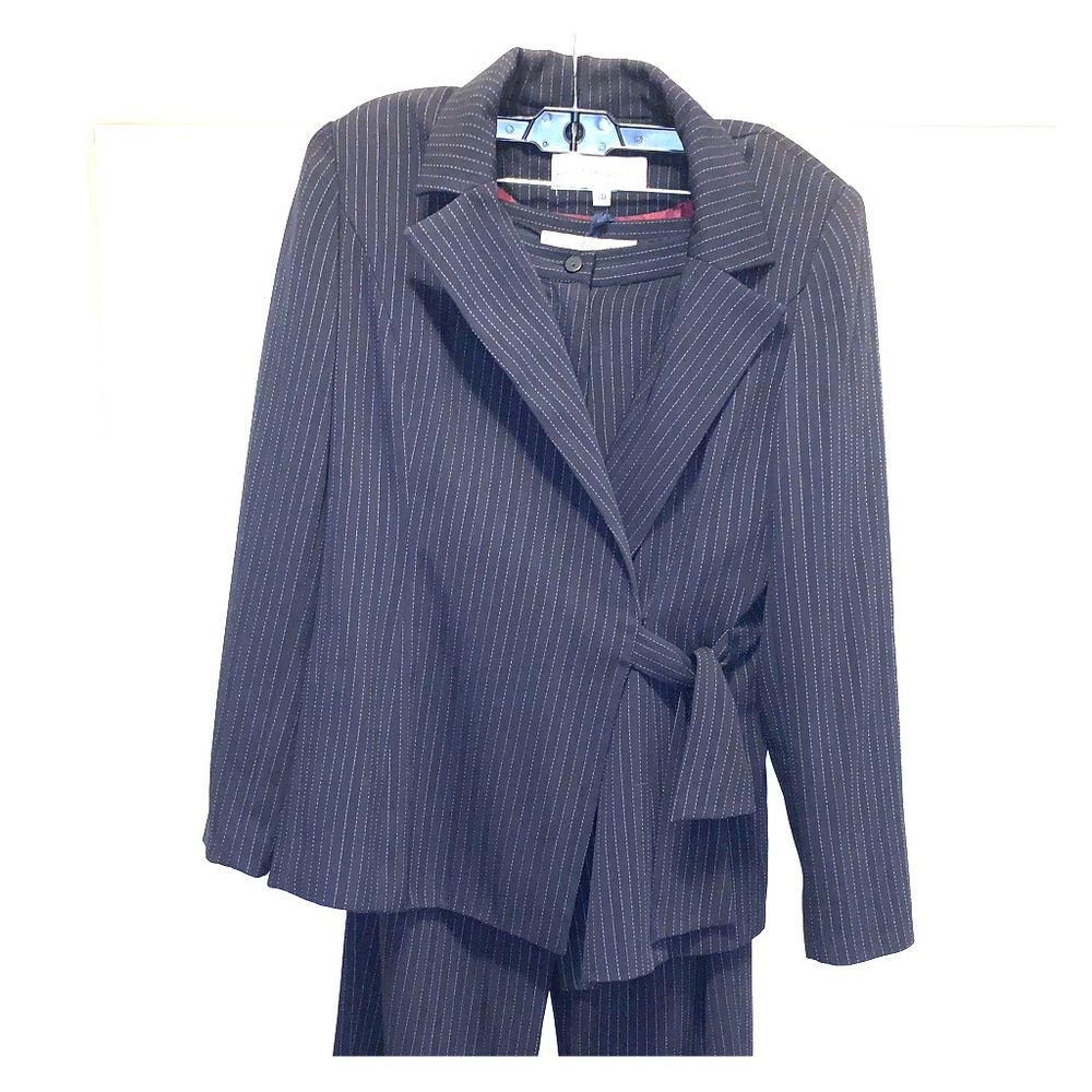 Navy blue and white pinstripes suit